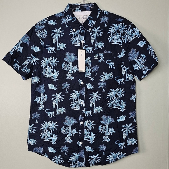 Original Penguin Men Tropical Shirt Blue Monkey Tree Button Down Short Sleeve, M - Picture 1 of 8